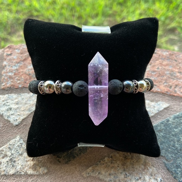 Double point amethyst crystal hematite lava beads - Picture 2 of 8